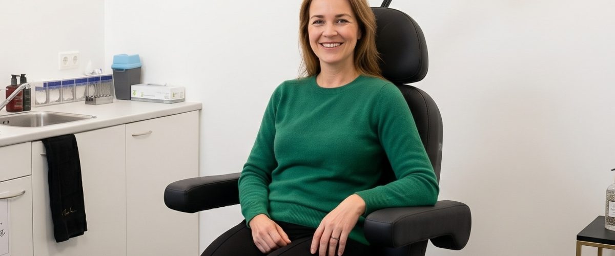 Vrouw zit ontspannen in een behandelstoel bij Medea Clinic voor een consult over spierontspanners.