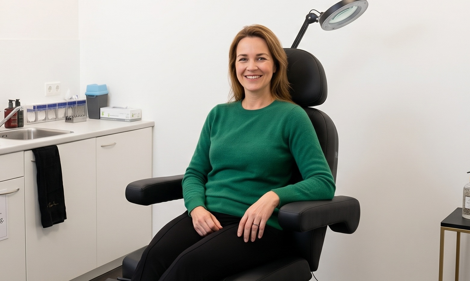 Vrouw zit ontspannen in een behandelstoel bij Medea Clinic voor een consult over spierontspanners.